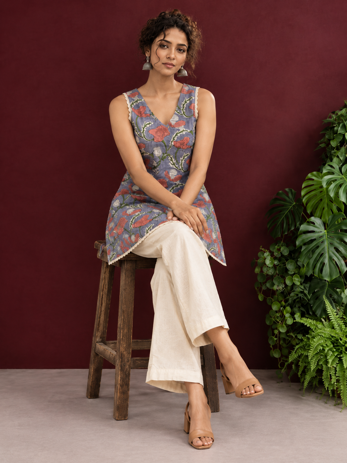 Grey Cotton Floral Printed Tunic with Lace Trim V-Neck and Sleeveless Design — seated
