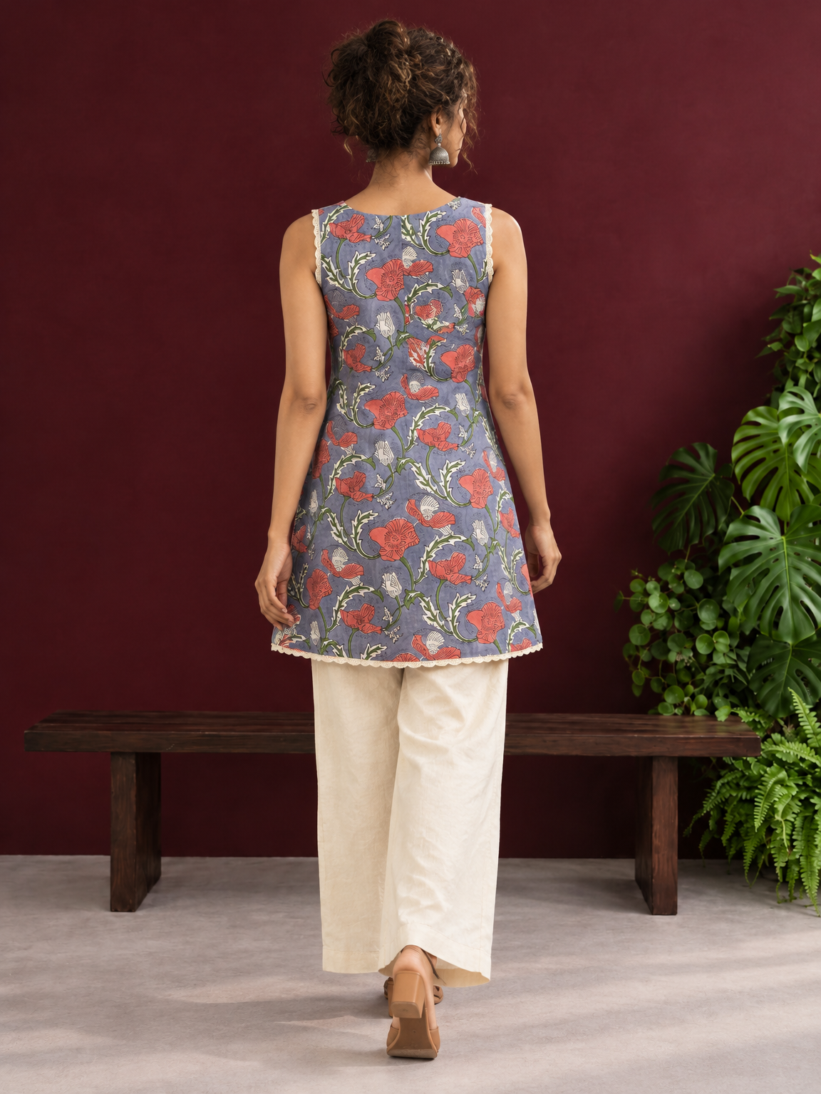 Grey Cotton Floral Printed Tunic with Lace Trim V-Neck and Sleeveless Design — in motion — view 5
