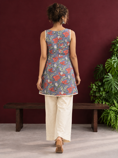 Grey Cotton Floral Printed Tunic with Lace Trim V-Neck and Sleeveless Design — in motion