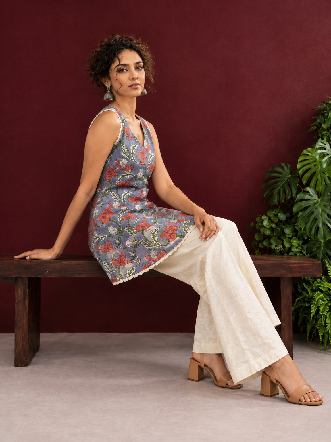 Grey Cotton Floral Printed Tunic with Lace Trim V-Neck and Sleeveless Design — view 2 — view 7