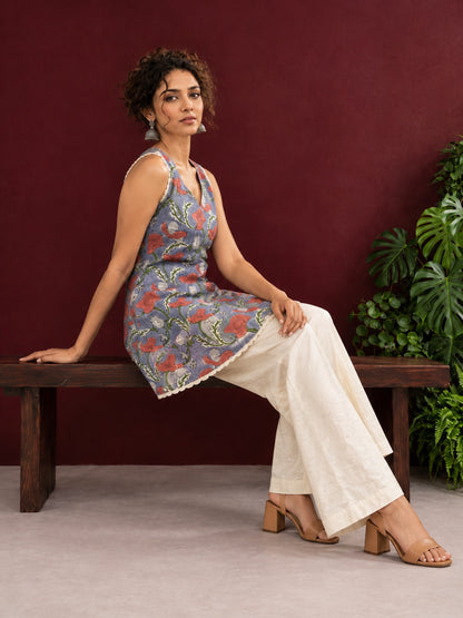 Grey Cotton Floral Printed Tunic with Lace Trim V-Neck and Sleeveless Design — view 2