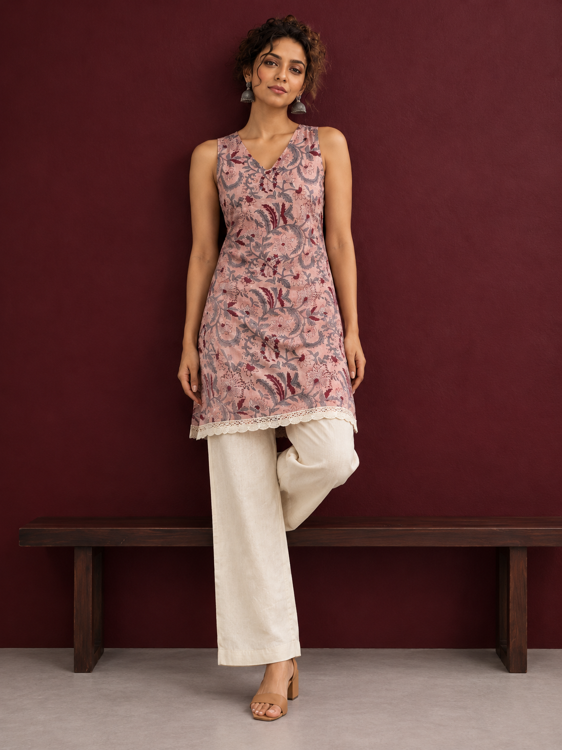 Elegant Pink Cotton Tunic with Grey & Maroon Floral Print and Lace Trim Hemline — side view — view 5