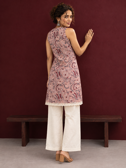 Elegant Pink Cotton Tunic with Grey & Maroon Floral Print and Lace Trim Hemline — back view
