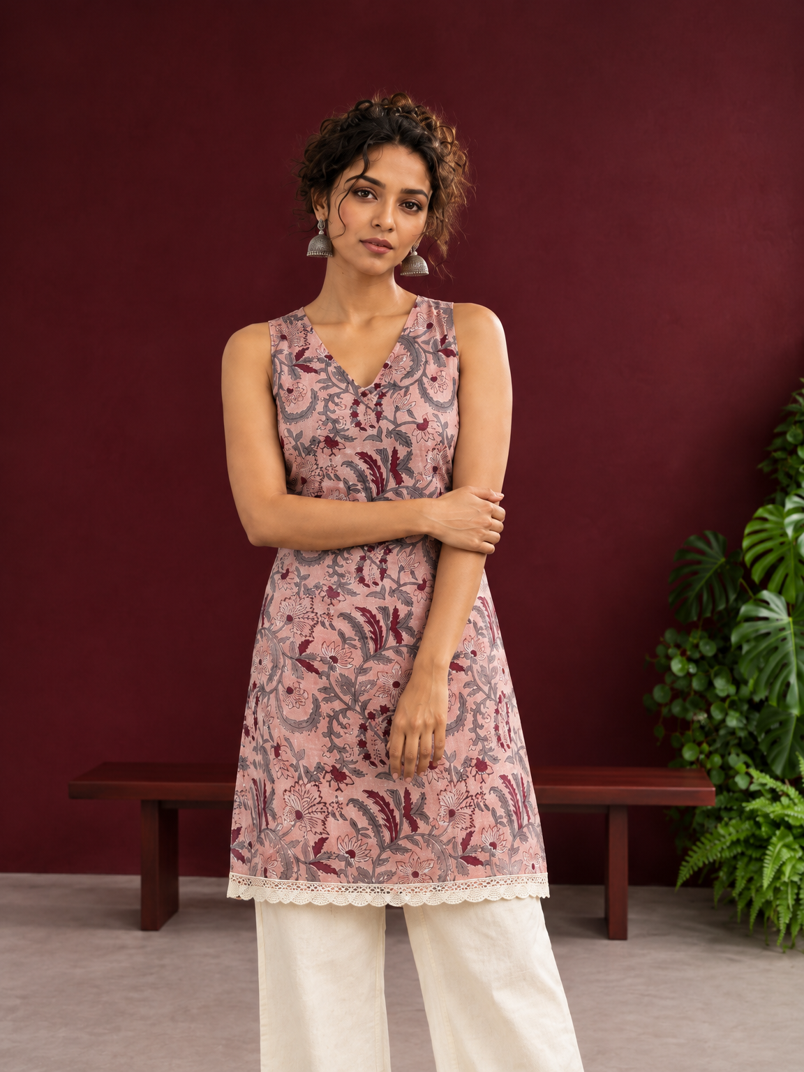 Elegant Pink Cotton Tunic with Grey & Maroon Floral Print and Lace Trim Hemline — styled view — view 3