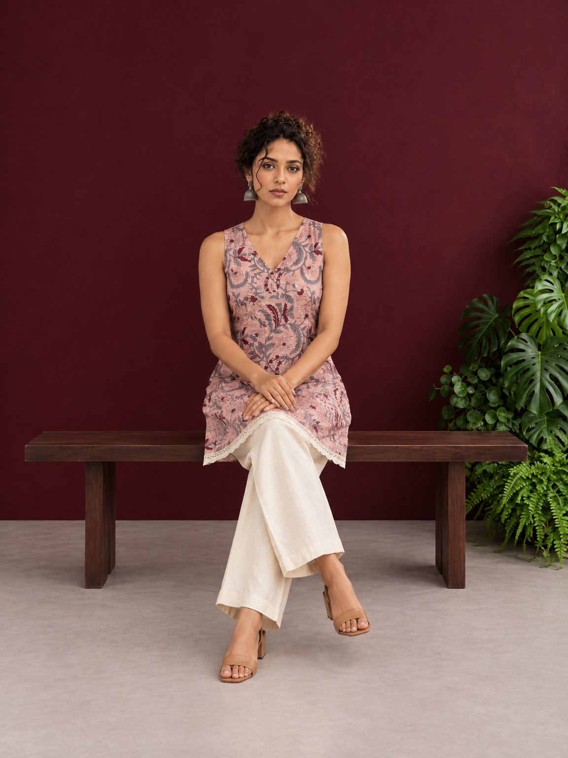 Elegant Pink Cotton Tunic with Grey & Maroon Floral Print and Lace Trim Hemline — seated — view 2