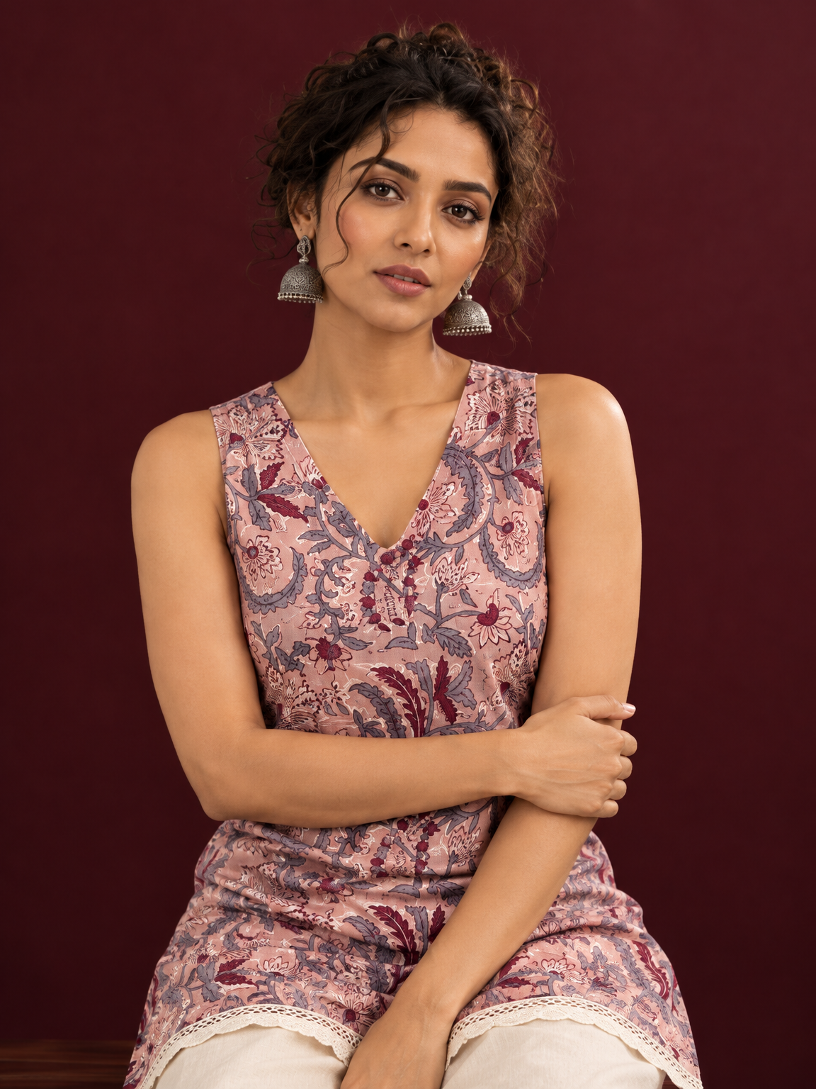 Elegant Pink Cotton Tunic with Grey & Maroon Floral Print and Lace Trim Hemline — seated detail — view 6