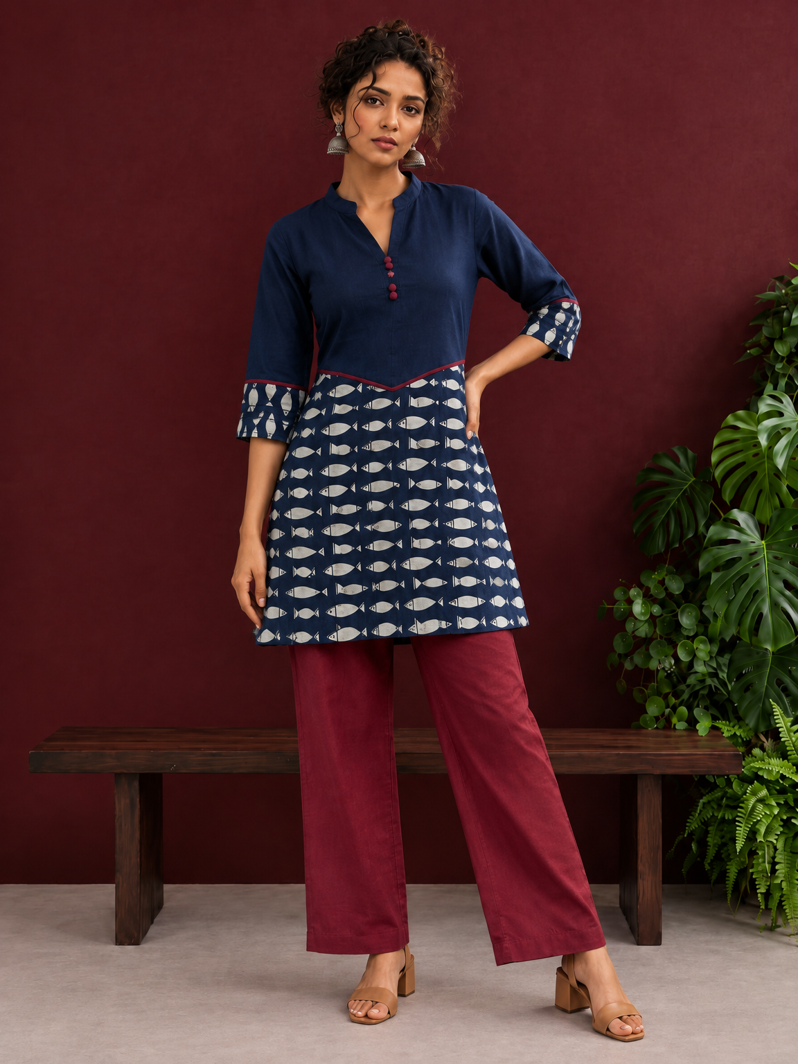 Navy Blue Cotton Tunic with Fish Print Hem Panel, Contrast Maroon Piping & Red Button Detail — side view — view 5