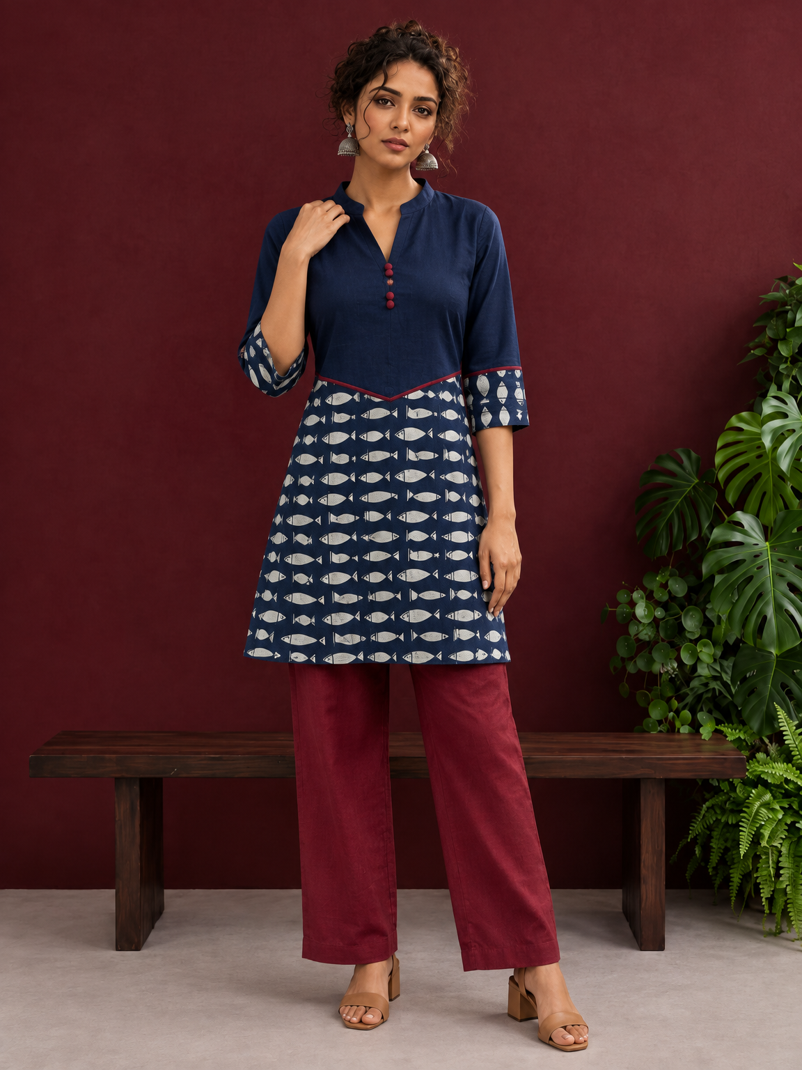 Navy Blue Cotton Tunic with Fish Print Hem Panel, Contrast Maroon Piping & Red Button Detail — front view — view 2