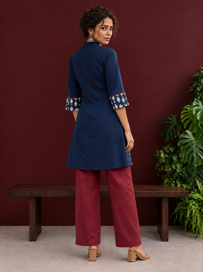Navy Blue Cotton Tunic with Fish Print Hem Panel, Contrast Maroon Piping & Red Button Detail — back view