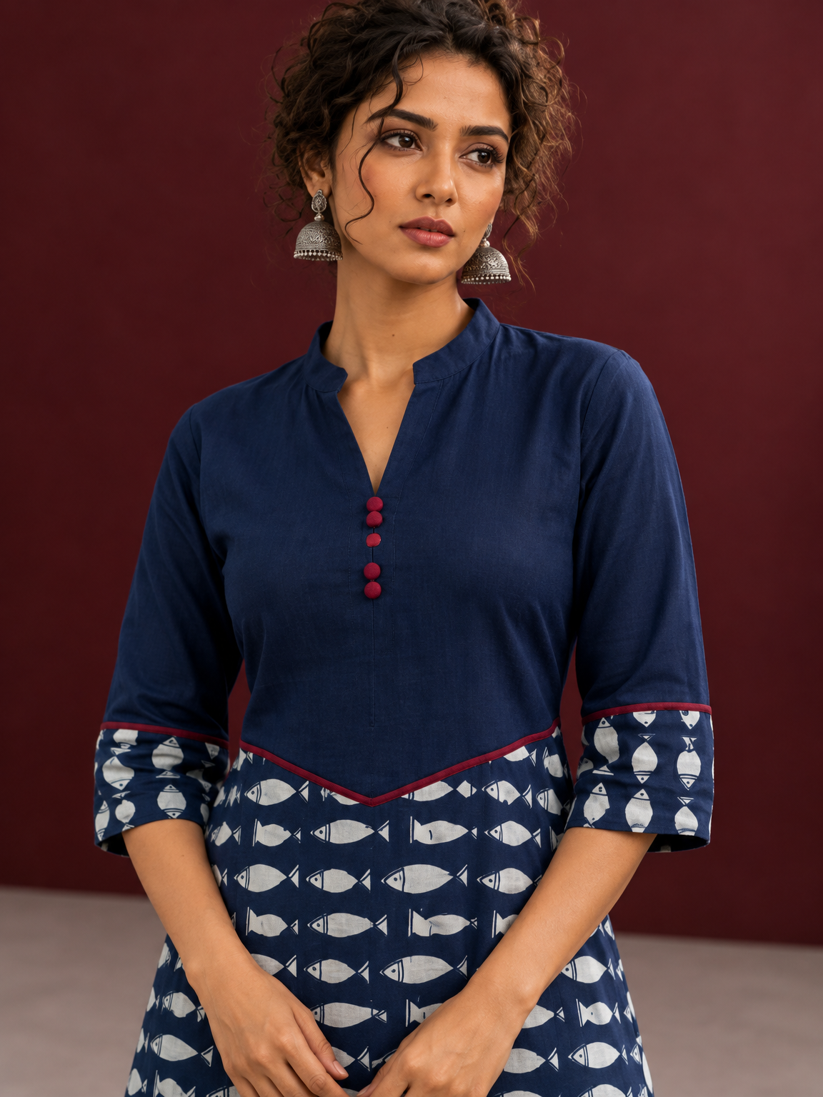 Navy Blue Cotton Tunic with Fish Print Hem Panel, Contrast Maroon Piping & Red Button Detail — fabric detail — view 4