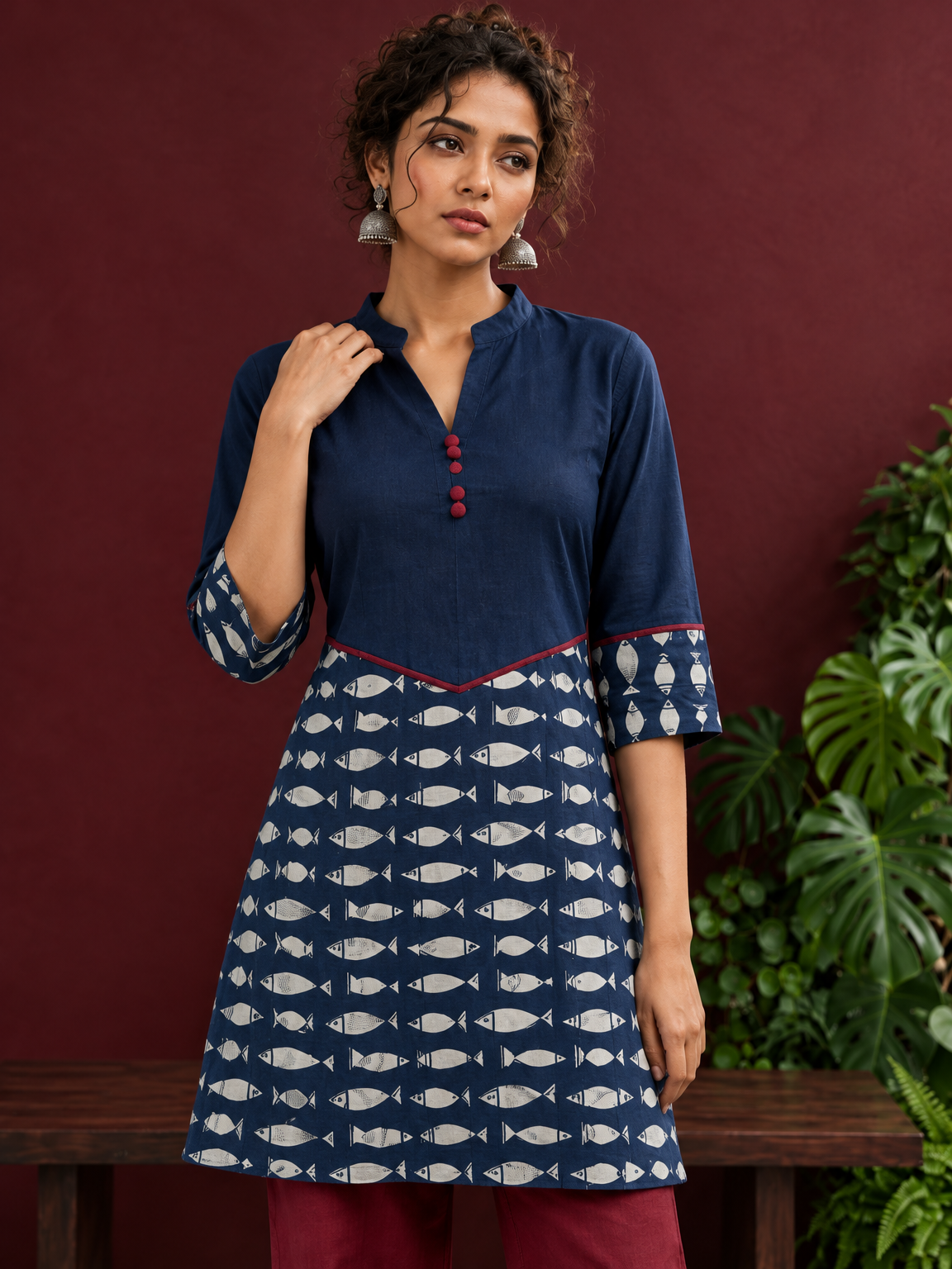 Navy Blue Cotton Tunic with Fish Print Hem Panel, Contrast Maroon Piping & Red Button Detail — styled view — view 6