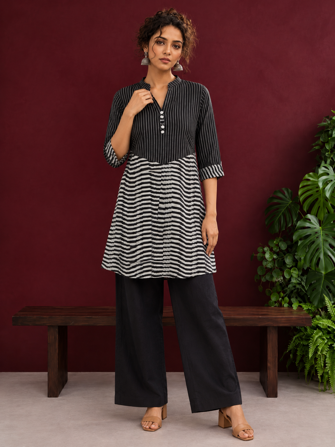 Classic Black & White Pinstripe Tunic with Contrast Striped Panel and Mandarin Collar