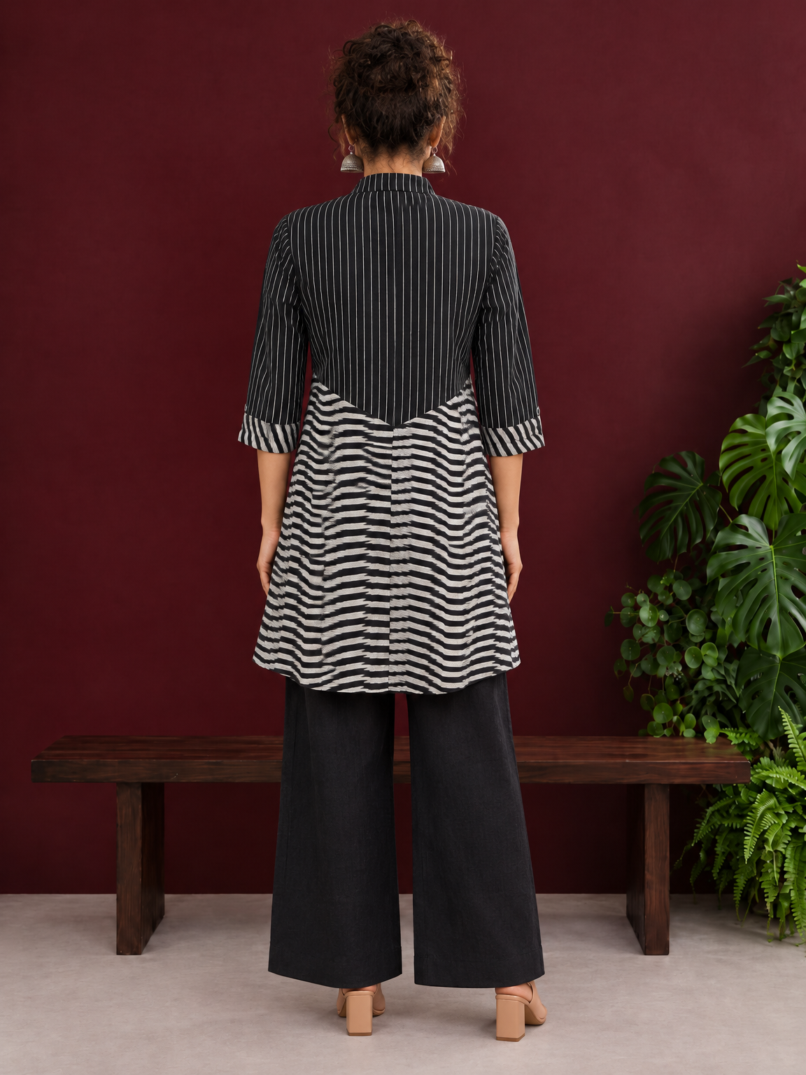 Classic Black & White Pinstripe Tunic with Contrast Striped Panel and Mandarin Collar — back view — view 2