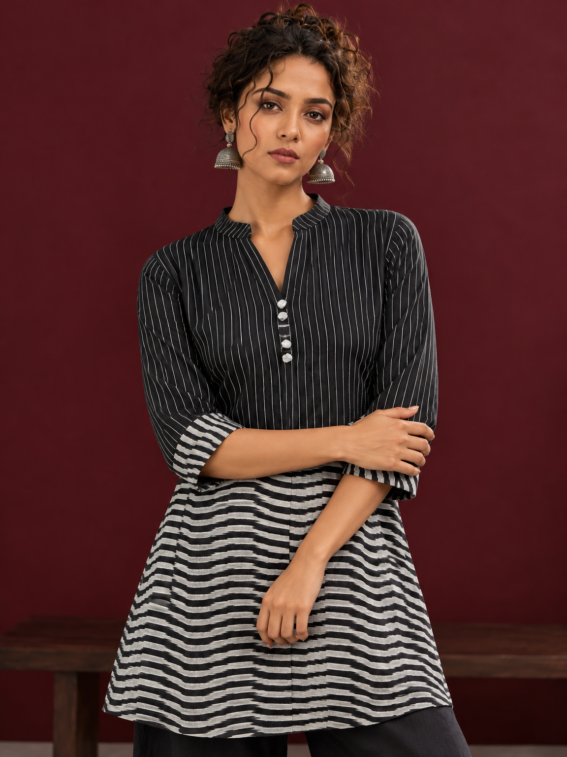 Classic Black & White Pinstripe Tunic with Contrast Striped Panel and Mandarin Collar — styled view — view 4