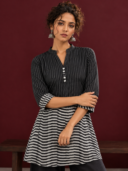 Classic Black & White Pinstripe Tunic with Contrast Striped Panel and Mandarin Collar — styled view