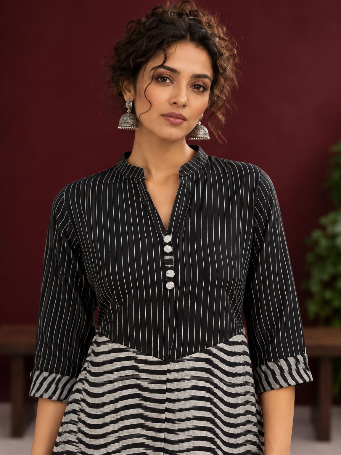 Classic Black & White Pinstripe Tunic with Contrast Striped Panel and Mandarin Collar — fabric detail — view 3