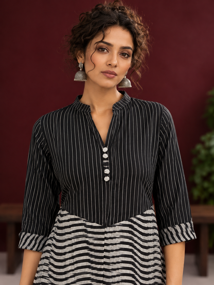 Classic Black & White Pinstripe Tunic with Contrast Striped Panel and Mandarin Collar — fabric detail