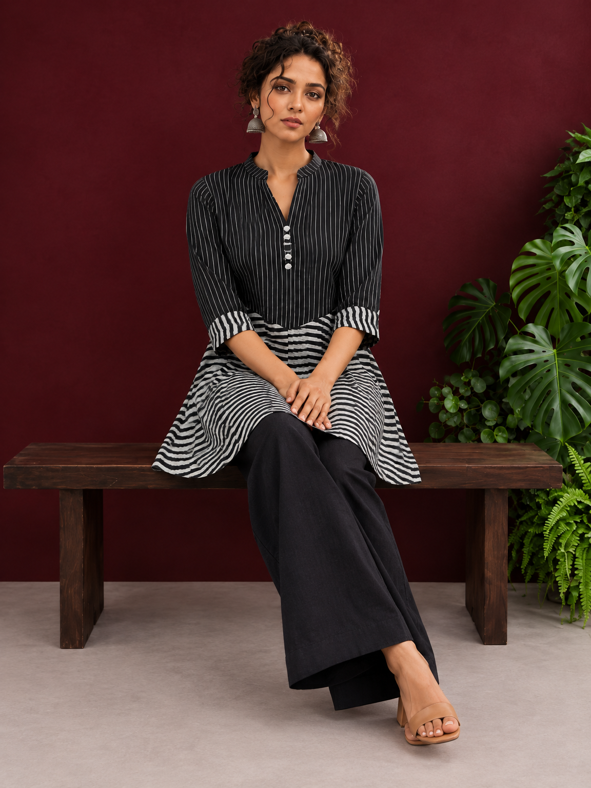 Classic Black & White Pinstripe Tunic with Contrast Striped Panel and Mandarin Collar — seated detail — view 5