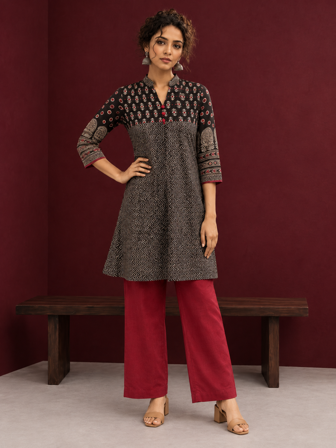 Classic Black Cotton Ajrakh Tunic — front view — view 3