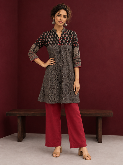 Classic Black Cotton Ajrakh Tunic — front view