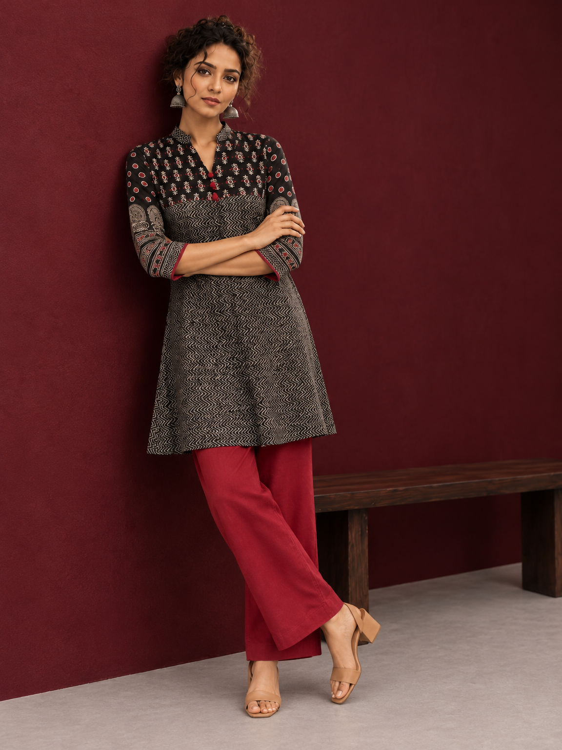 Classic Black Cotton Ajrakh Tunic — side view — view 4