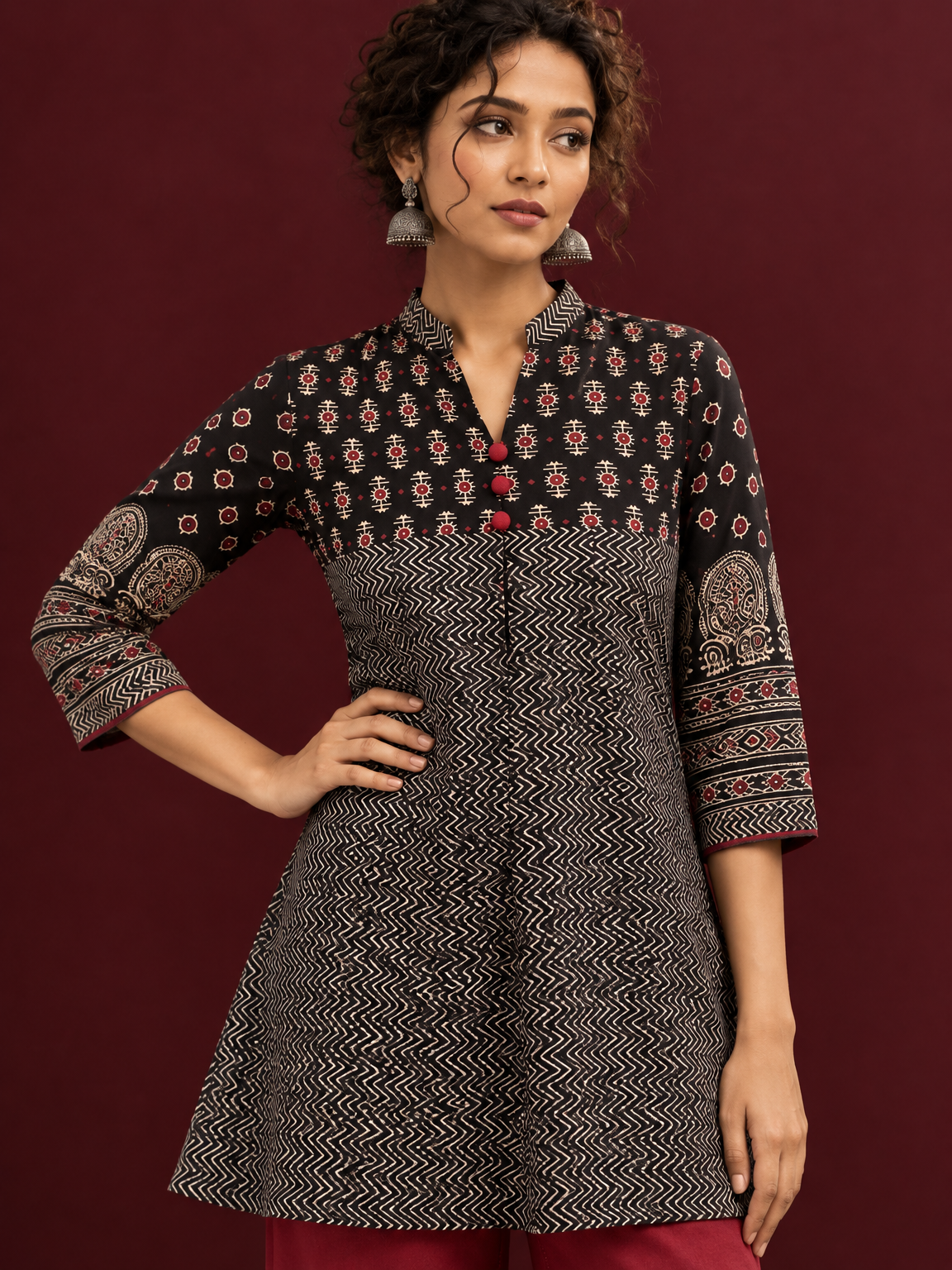 Classic Black Cotton Ajrakh Tunic — fabric detail — view 2
