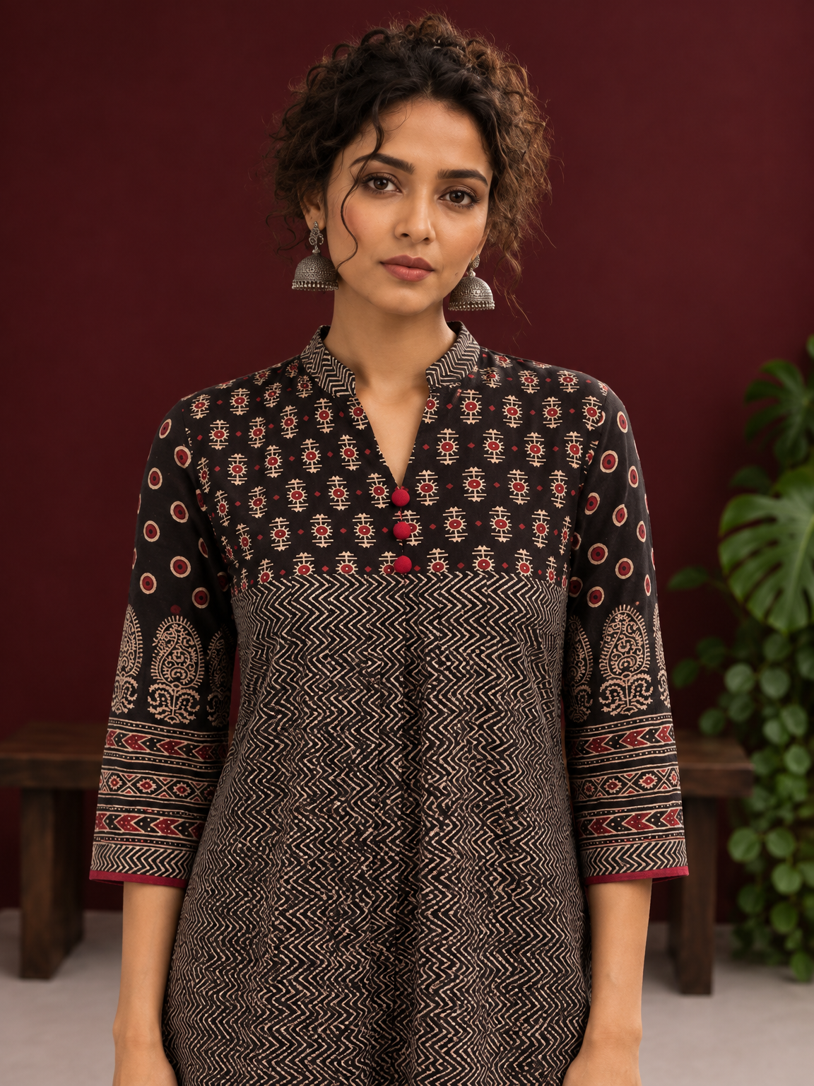 Classic Black Cotton Ajrakh Tunic — styled view — view 5