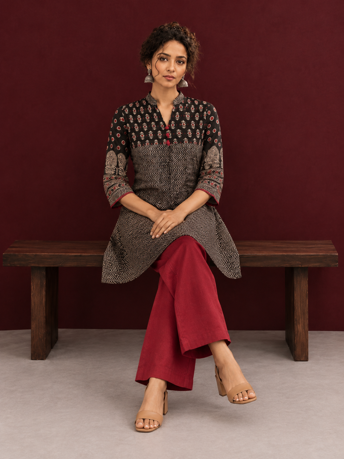 Classic Black Cotton Ajrakh Tunic — seated