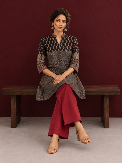 Classic Black Cotton Ajrakh Tunic — seated
