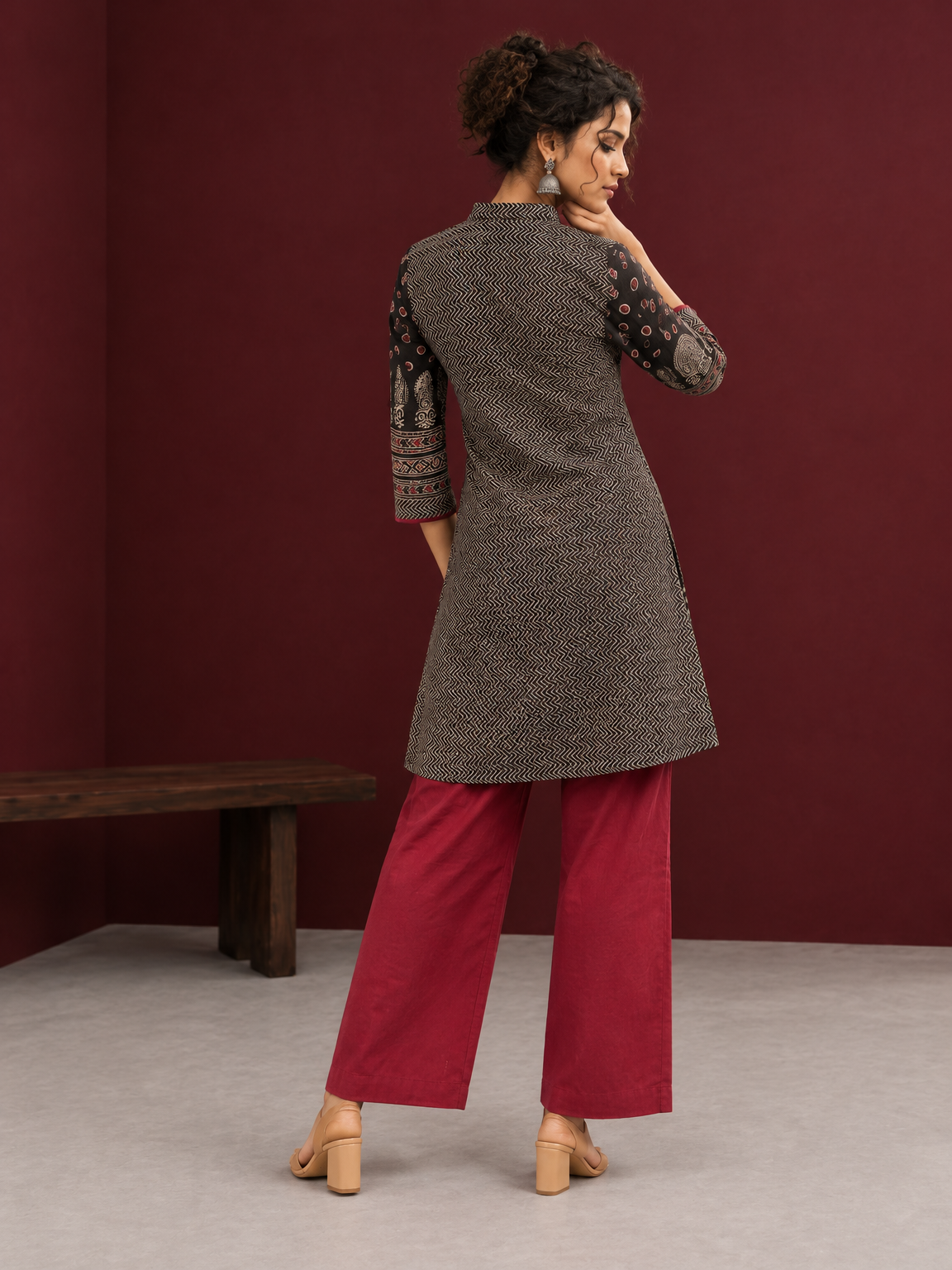 Classic Black Cotton Ajrakh Tunic — back view — view 7