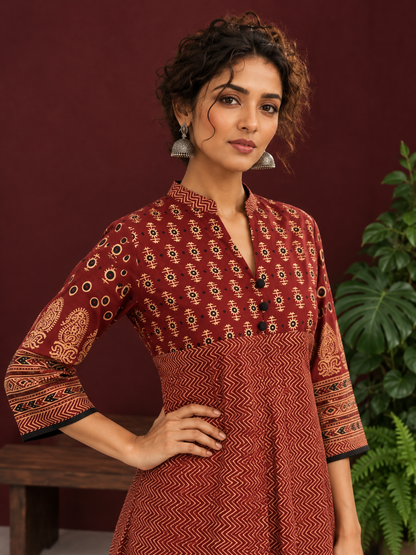Timeless Maroon Ajrakh Tunic — styled view