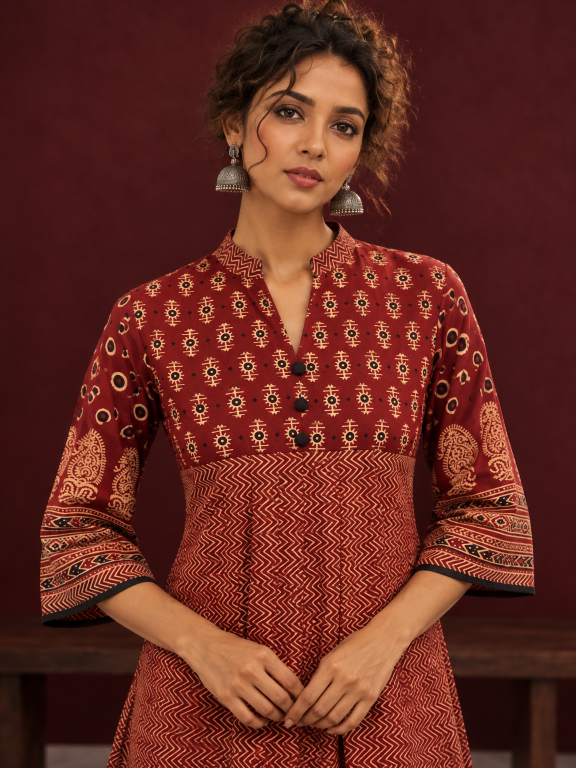 Timeless Maroon Ajrakh Tunic — fabric detail — view 3