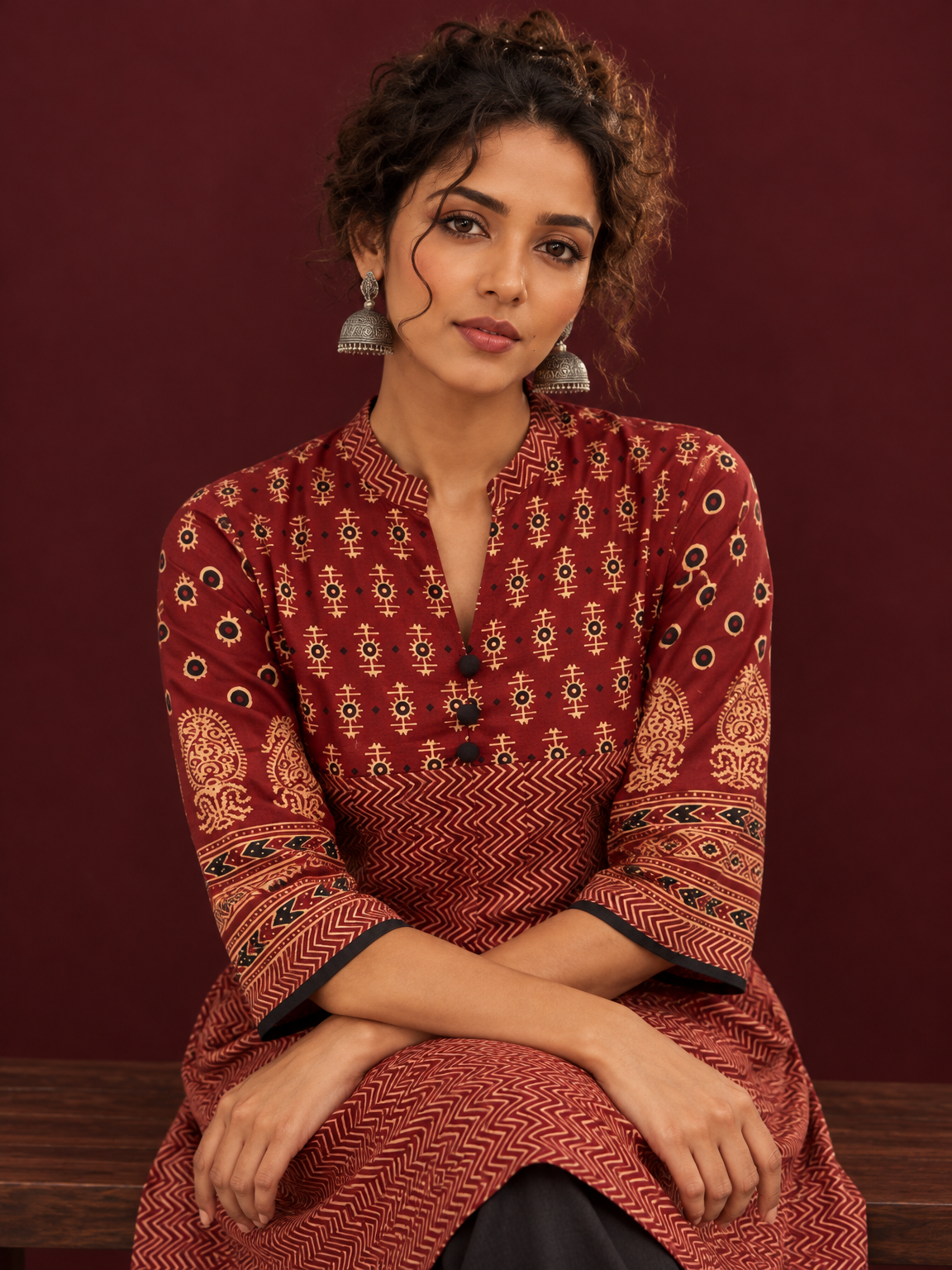 Timeless Maroon Ajrakh Tunic — seated detail — view 5
