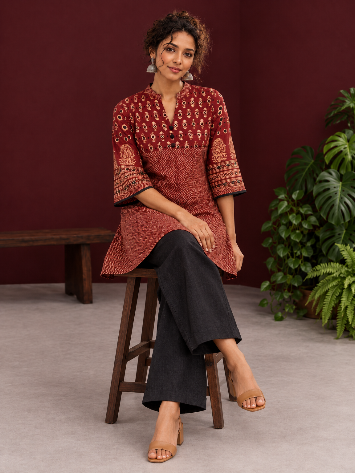Timeless Maroon Ajrakh Tunic — seated — view 6