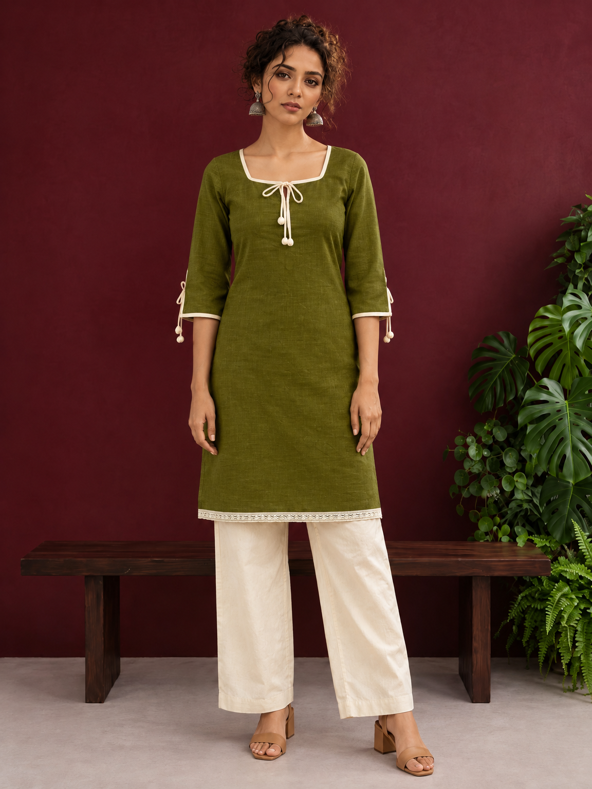 Timeless Olive Green Cotton Tunic with Tasseled Tie-Up Neckline and Contrast Lace Hem Border — front view — view 4
