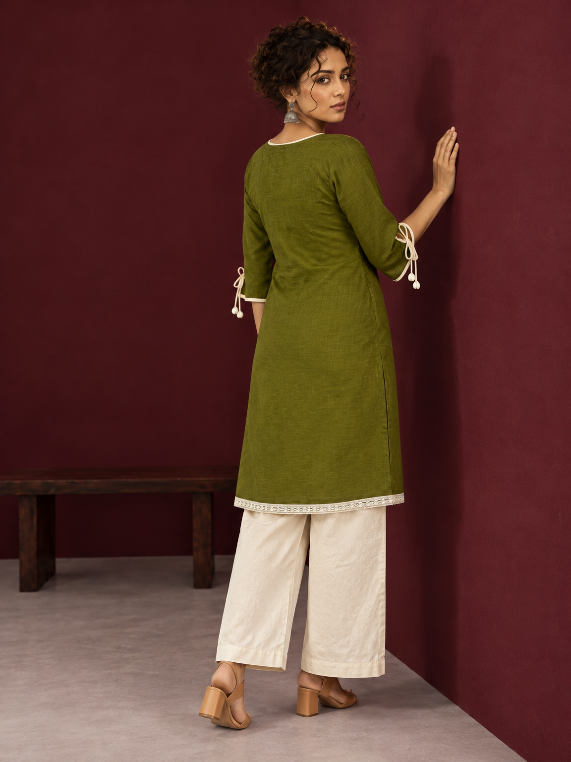 Timeless Olive Green Cotton Tunic with Tasseled Tie-Up Neckline and Contrast Lace Hem Border — back view — view 2