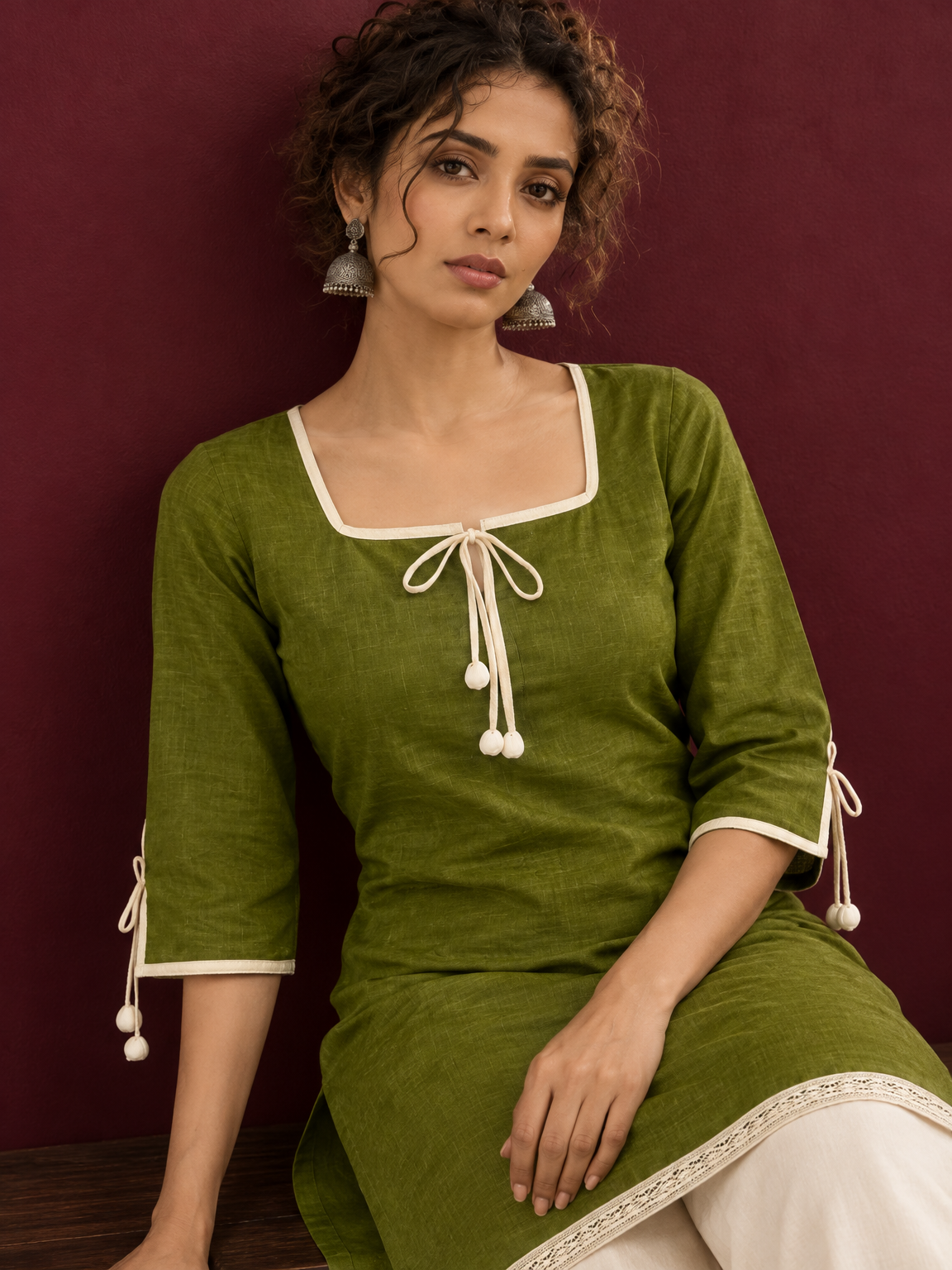 Timeless Olive Green Cotton Tunic with Tasseled Tie-Up Neckline and Contrast Lace Hem Border — seated detail — view 6