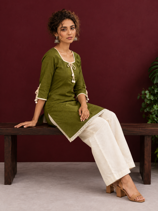 Timeless Olive Green Cotton Tunic with Tasseled Tie-Up Neckline and Contrast Lace Hem Border — seated