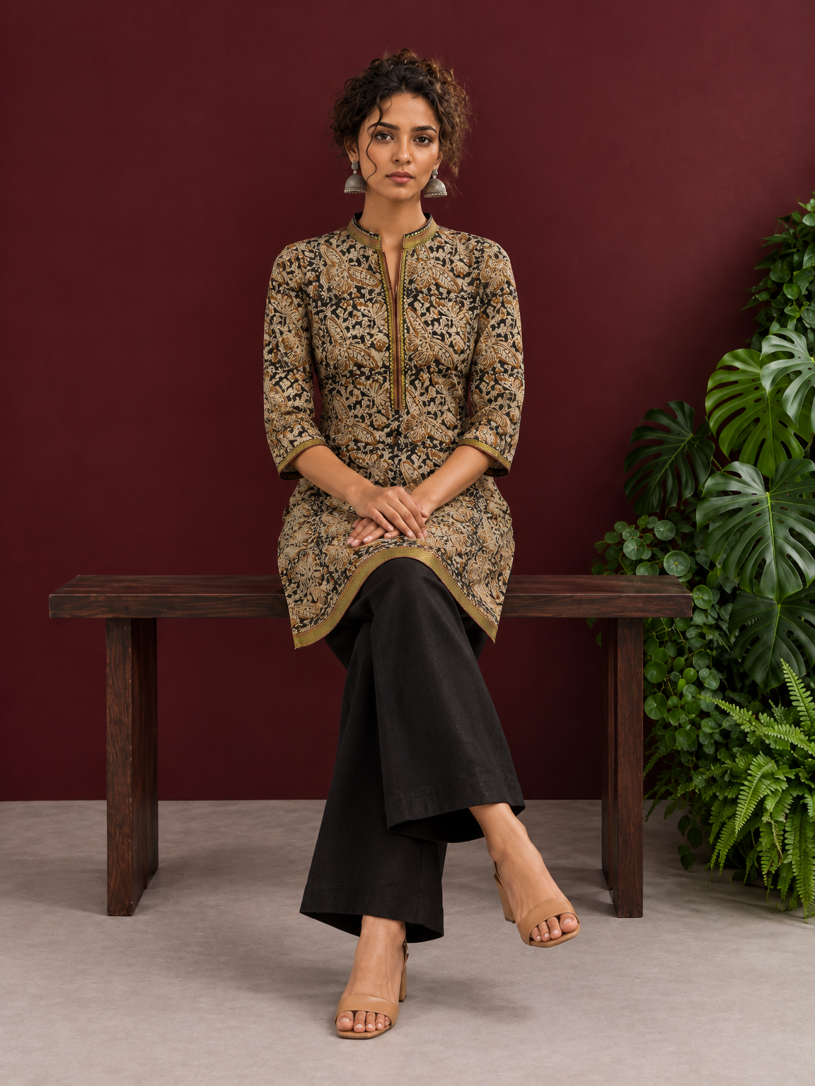 Earthy Kalamkari Cotton Tunic — seated — view 7