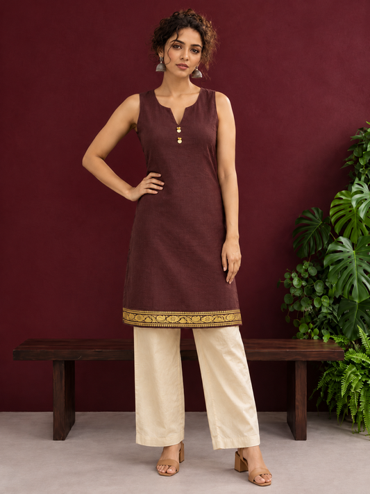 Elegant Brown Cotton Silk Sleeveless Kurta with Gold Zari Border and Notched Neckline — front view