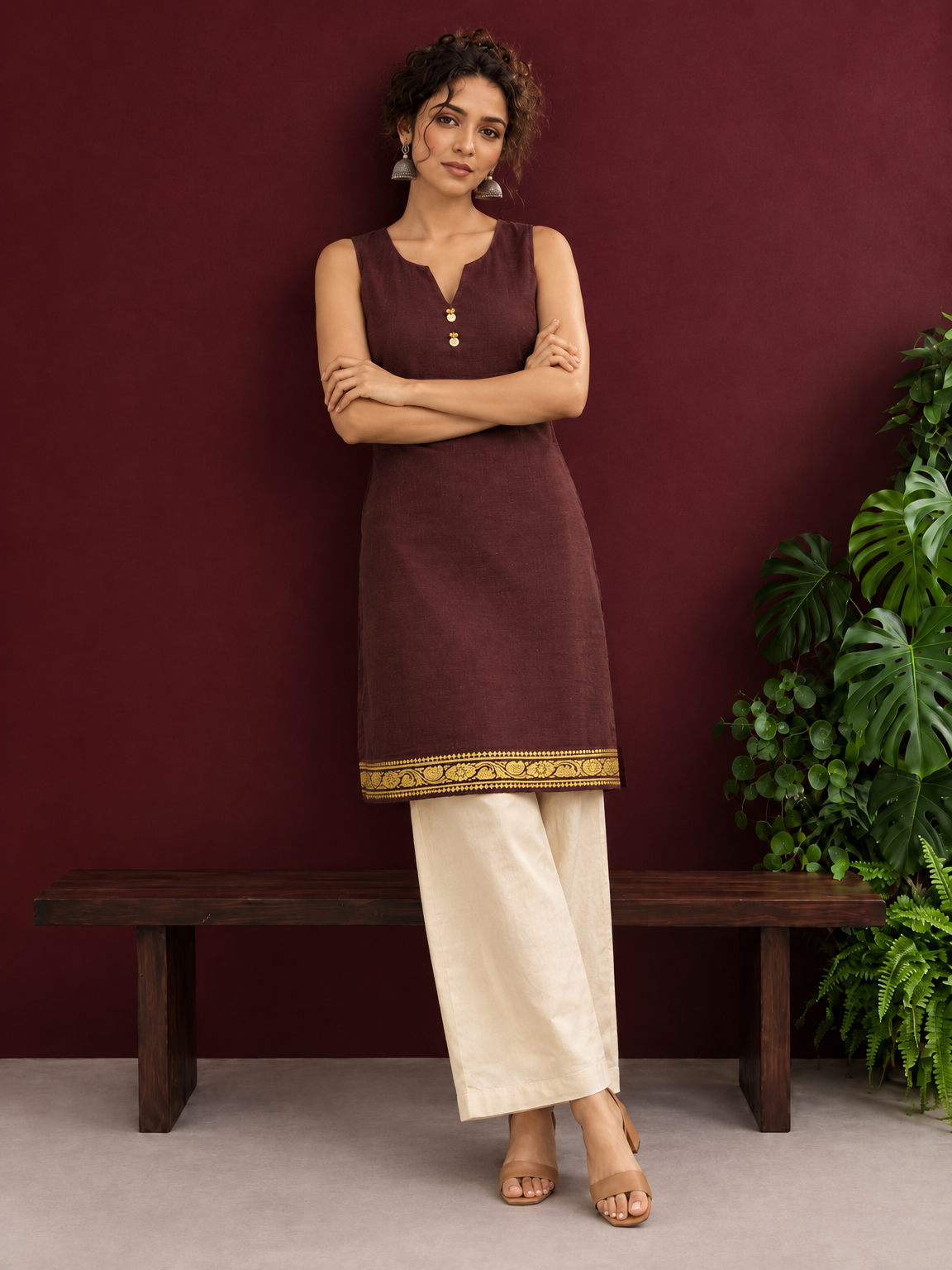 Elegant Brown Cotton Silk Sleeveless Kurta with Gold Zari Border and Notched Neckline — side view — view 4