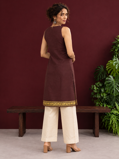 Elegant Brown Cotton Silk Sleeveless Kurta with Gold Zari Border and Notched Neckline — back view