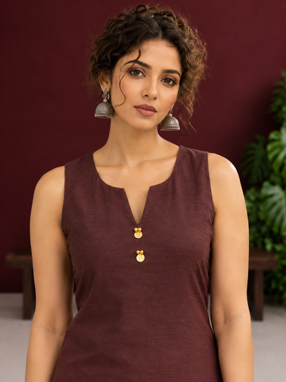 Elegant Brown Cotton Silk Sleeveless Kurta with Gold Zari Border and Notched Neckline — fabric detail