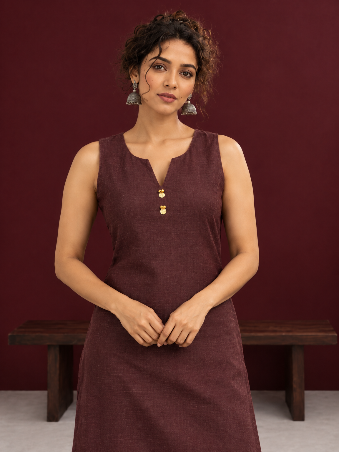 Elegant Brown Cotton Silk Sleeveless Kurta with Gold Zari Border and Notched Neckline — styled view — view 5