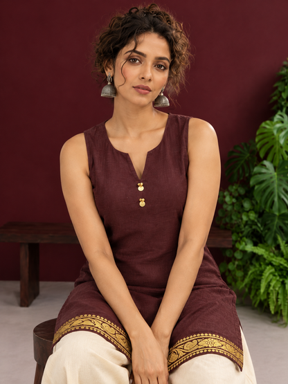 Elegant Brown Cotton Silk Sleeveless Kurta with Gold Zari Border and Notched Neckline — seated detail