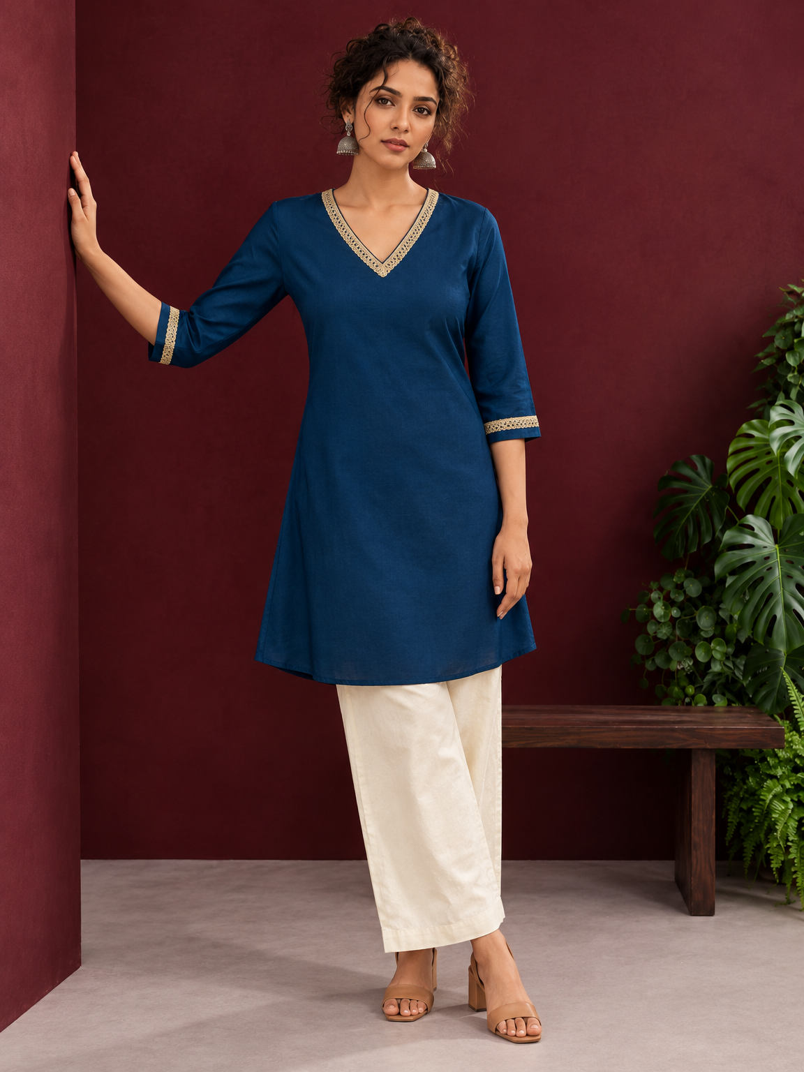 Elegant Teal Blue Cotton Tunic with Embellished Gold Lace V-Neckline and Matching Sleeve Cuffs — front view