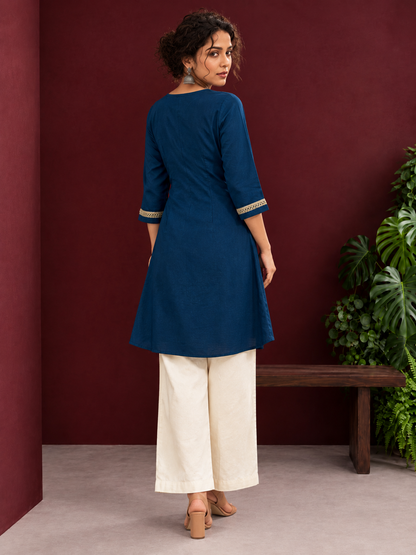 Elegant Teal Blue Cotton Tunic with Embellished Gold Lace V-Neckline and Matching Sleeve Cuffs — back view