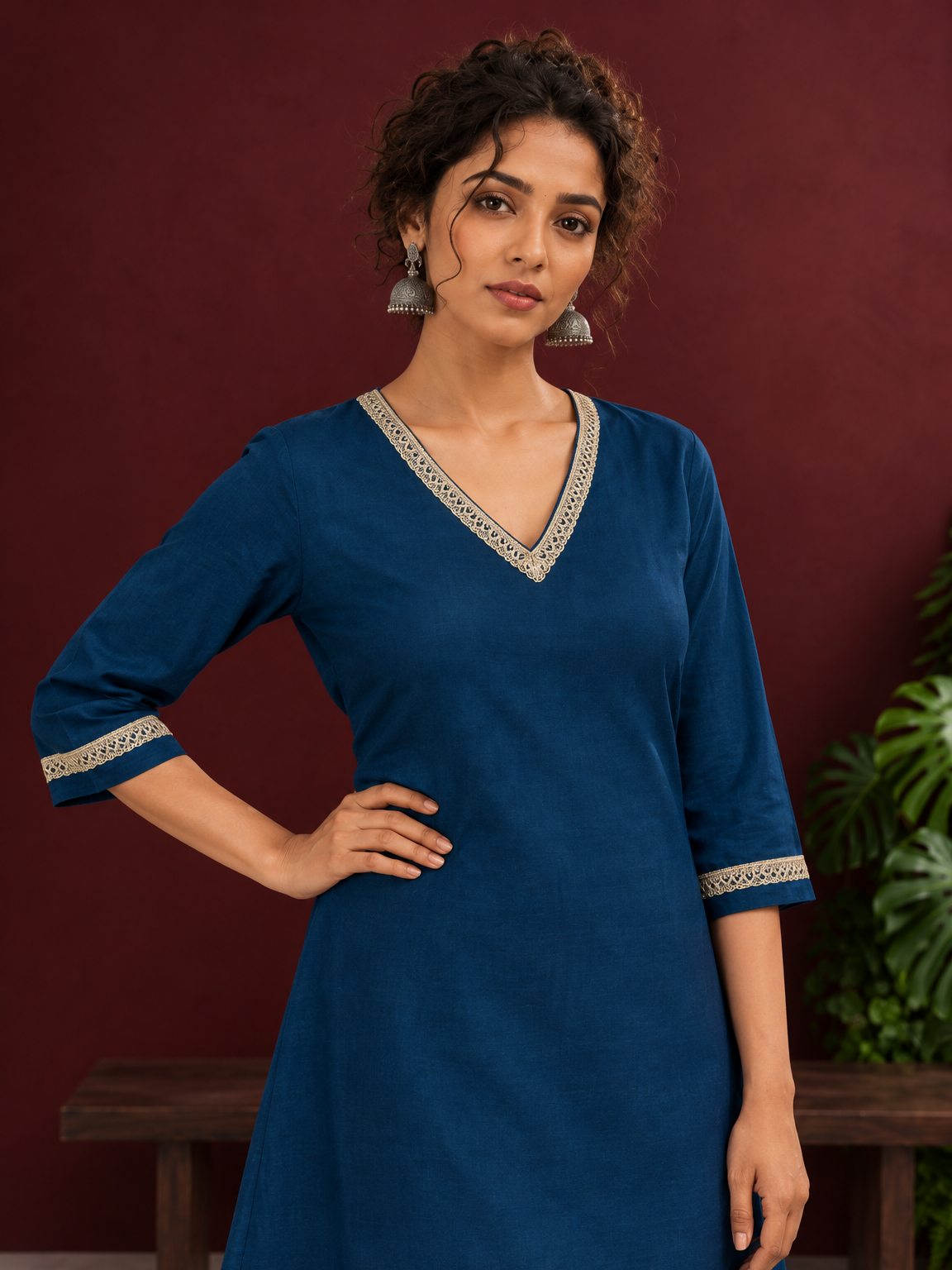 Elegant Teal Blue Cotton Tunic with Embellished Gold Lace V-Neckline and Matching Sleeve Cuffs — styled view — view 5