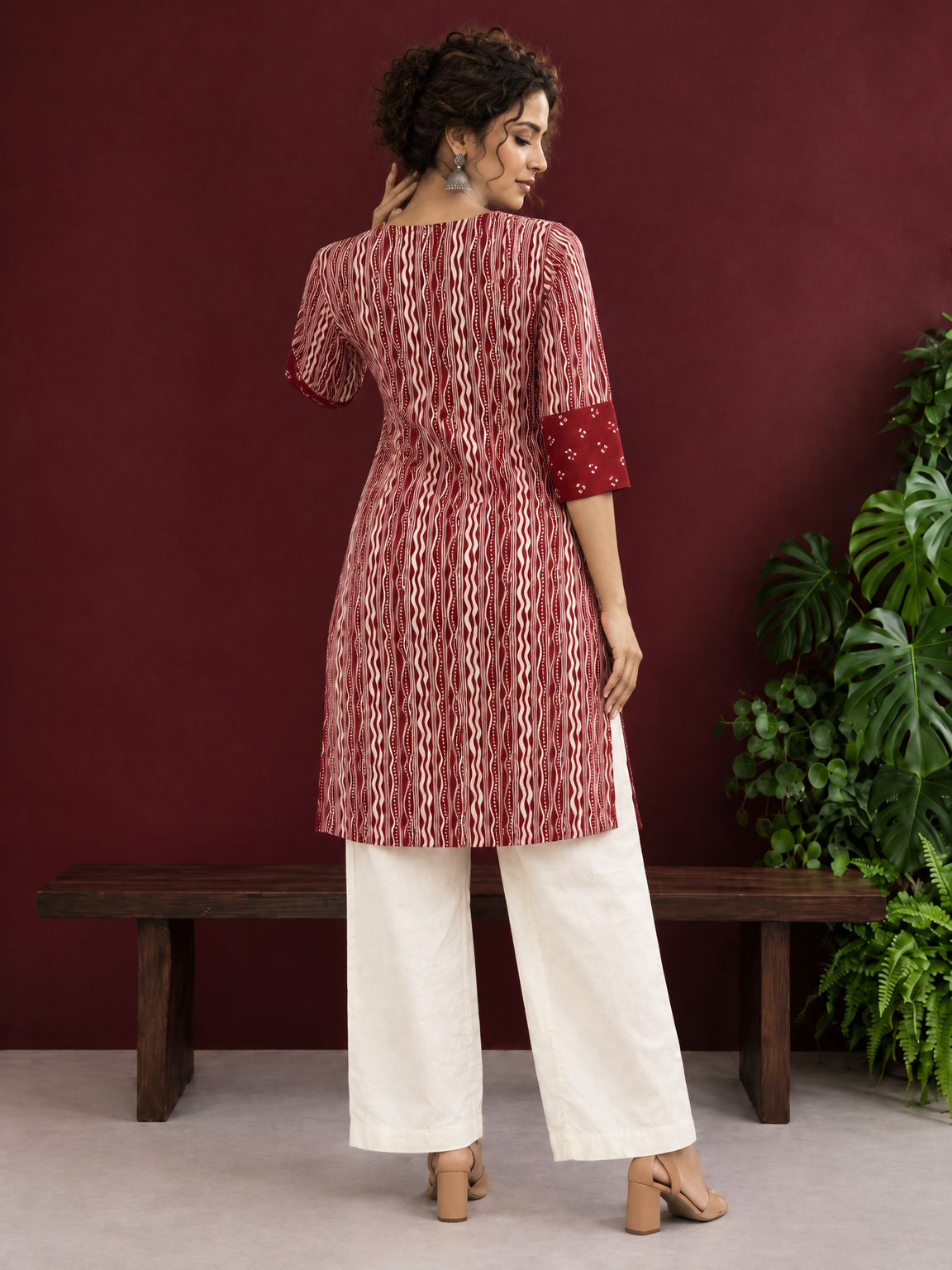 Maroon Rayon Tunic with Bandhani Dot Print Front Panel and Contrast Wavy Striped Sleeves & Side Panels — back view — view 2