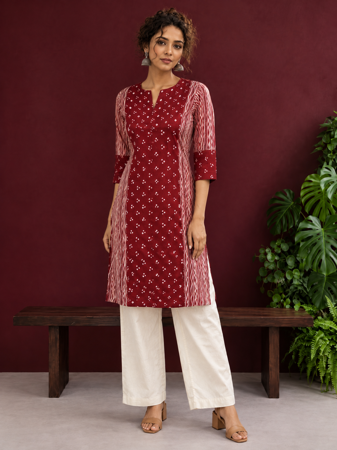 Maroon Rayon Tunic with Bandhani Dot Print Front Panel and Contrast Wavy Striped Sleeves & Side Panels